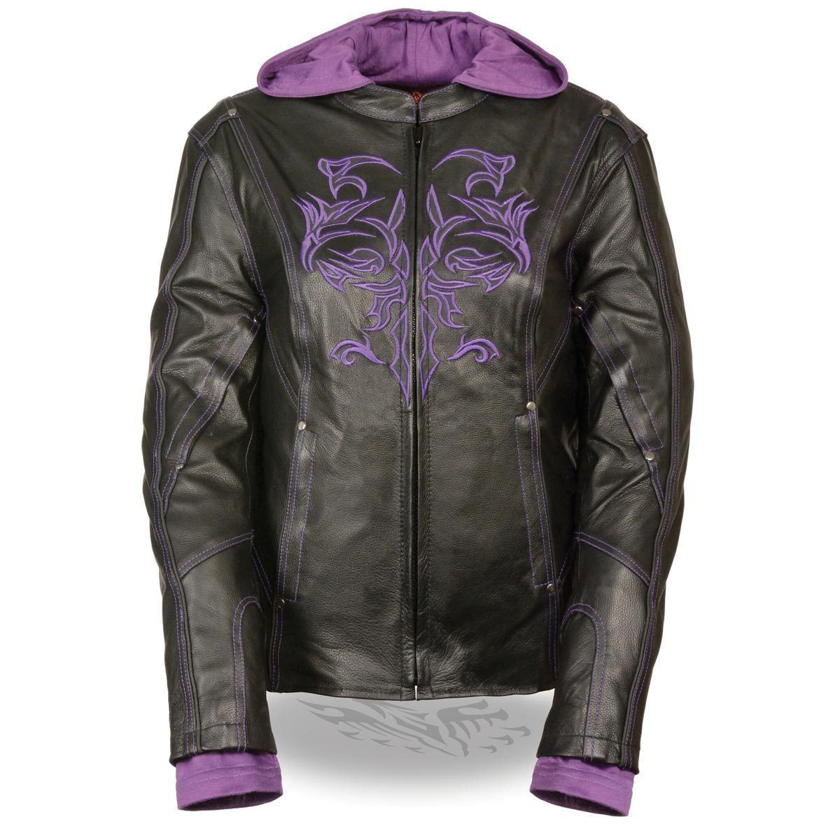 Milwaukee Leather ML2067 Women's 3/4 Black and Purple Leather Hoodie Jacket with Reflective Tribal Design