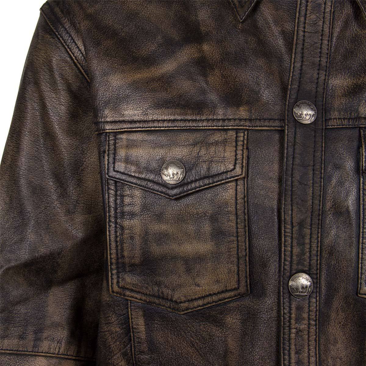 Xelement XS942 Men's 'Nickel' Distressed Brown Casual Biker Rider Leather Shirt with Vintage Buffalo Buttons