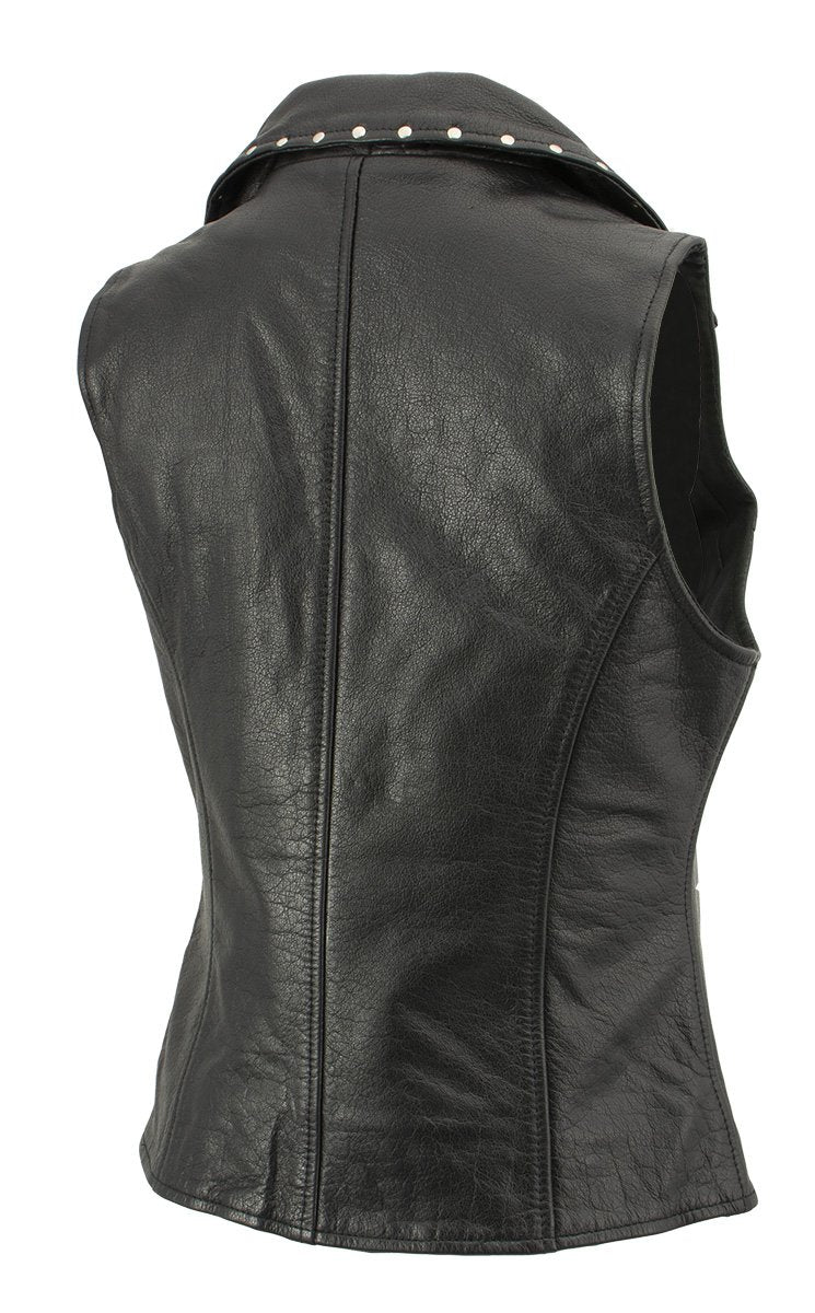 Xelement XS1028 Women's 'Dita' Black Motorcycle Leather Vest with Riveted Lapel Collar