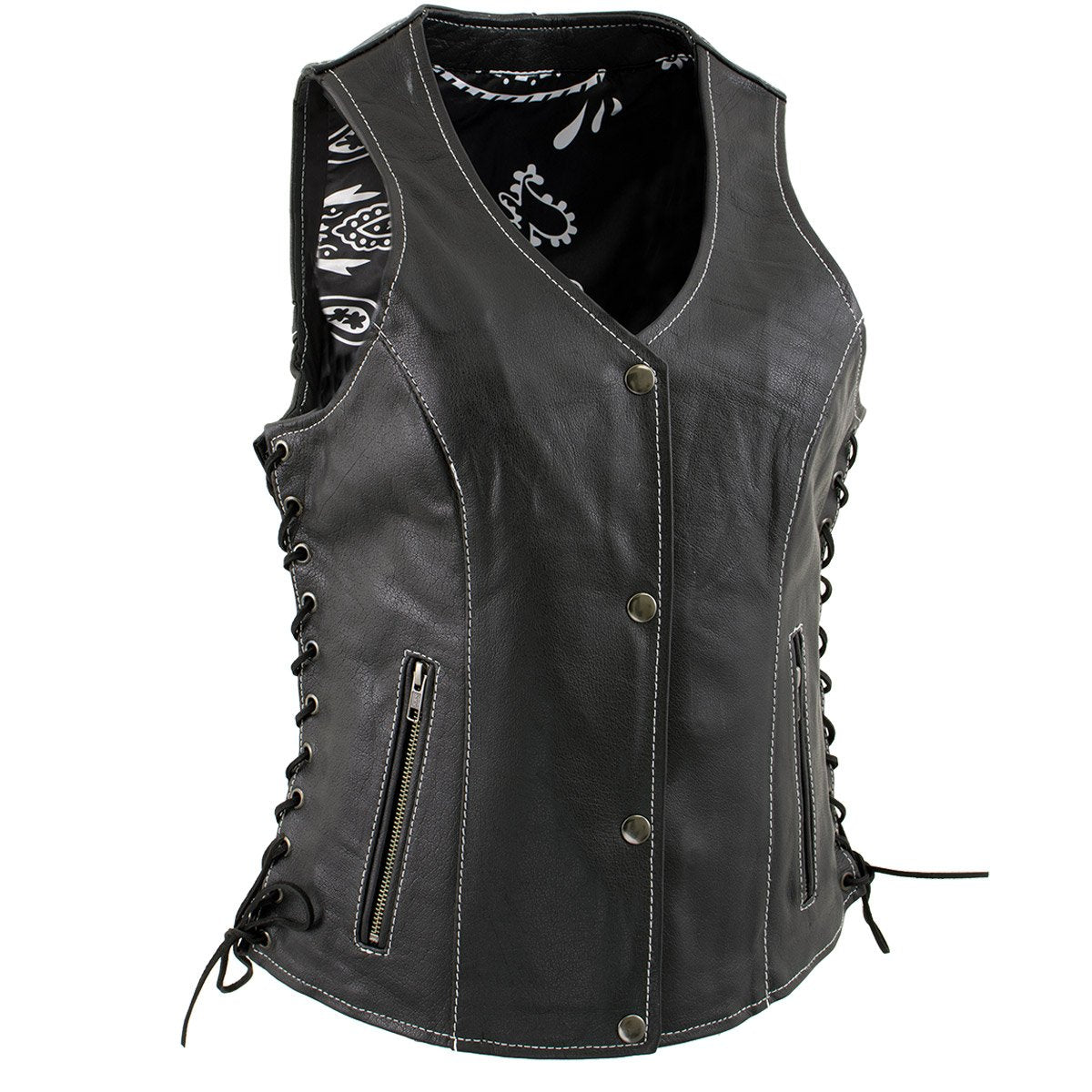 Xelement XS1029 Women's 'Paisley' Black Motorcycle Leather Vest with Side Lace Adjustment