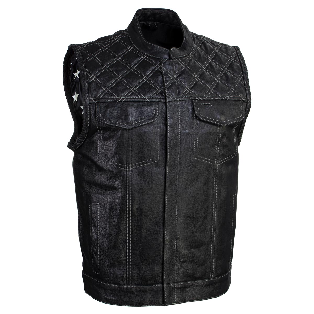 Xelement XS13003 Men's Black 'Stars and Stripes’ Leather Motorcycle Vest with USA Flag Liner