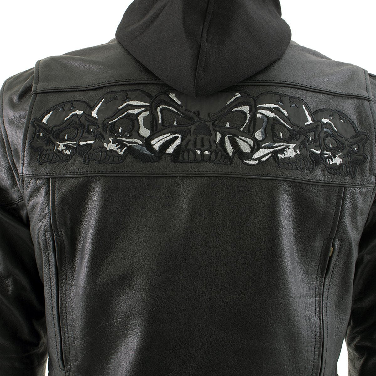 Xelement XS1504 Men's ‘Futile’ Black Leather CE Armored Motorcycle Hooded Jacket with Reflective Skulls