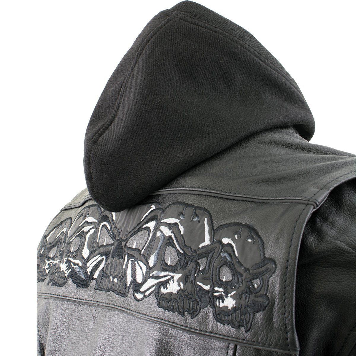 Xelement XS1504 Men's ‘Futile’ Black Leather CE Armored Motorcycle Hooded Jacket with Reflective Skulls