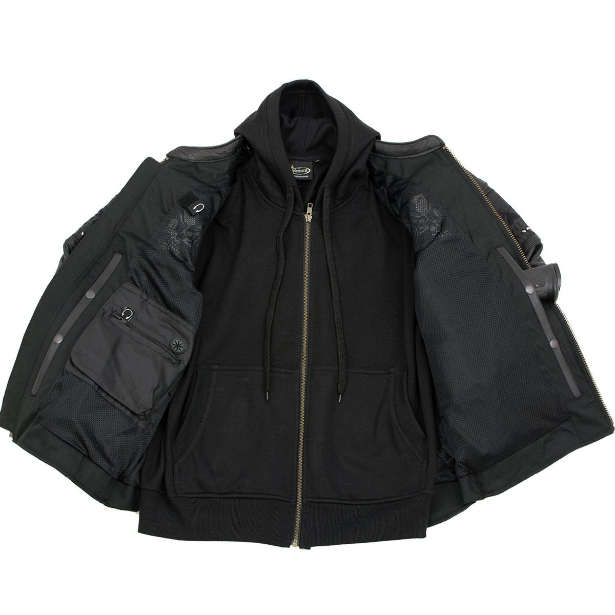 Xelement XS1504 Men's ‘Futile’ Black Leather CE Armored Motorcycle Hooded Jacket with Reflective Skulls