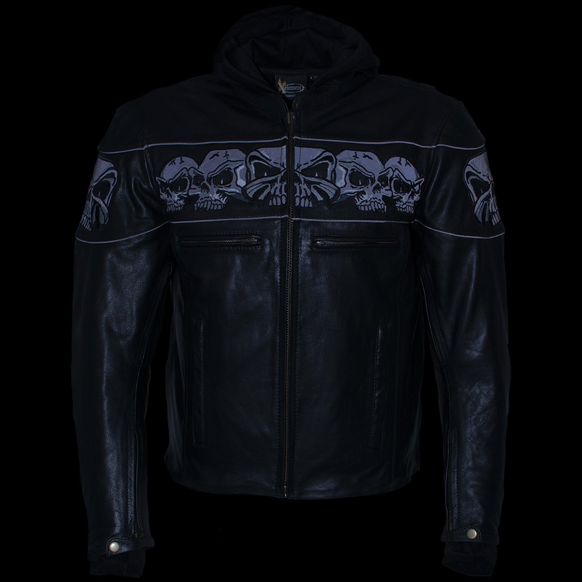 Xelement XS1504 Men's ‘Futile’ Black Leather CE Armored Motorcycle Hooded Jacket with Reflective Skulls