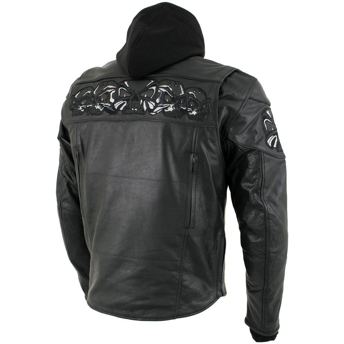 Xelement XS1504 Men's ‘Futile’ Black Leather CE Armored Motorcycle Hooded Jacket with Reflective Skulls