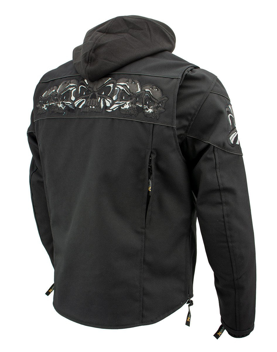 Xelement XS1704 Men’s 'Vengeance' Black Armored Textile Motorcycle Jacket with Skull Embroidery