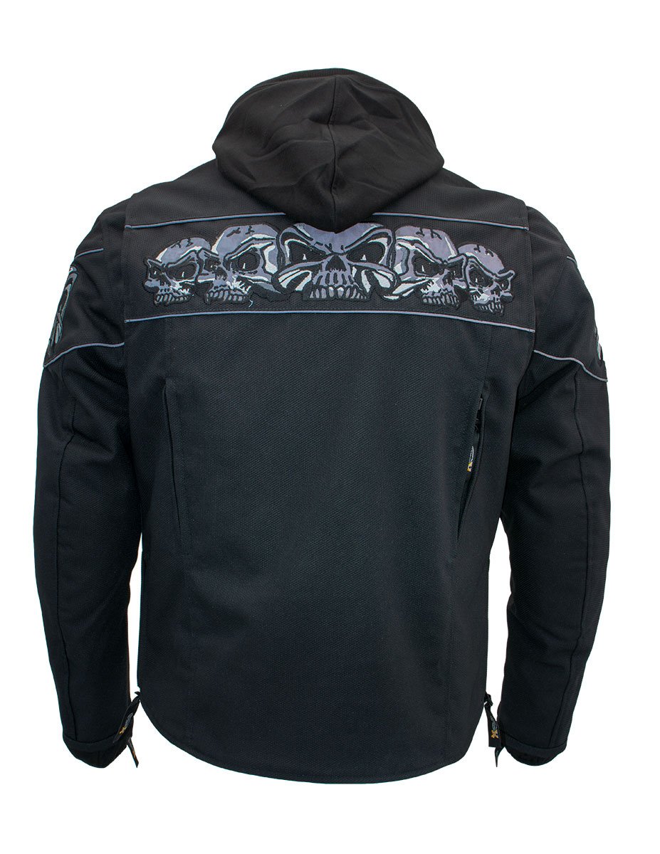 Xelement XS1704 Men’s 'Vengeance' Black Armored Textile Motorcycle Jacket with Skull Embroidery