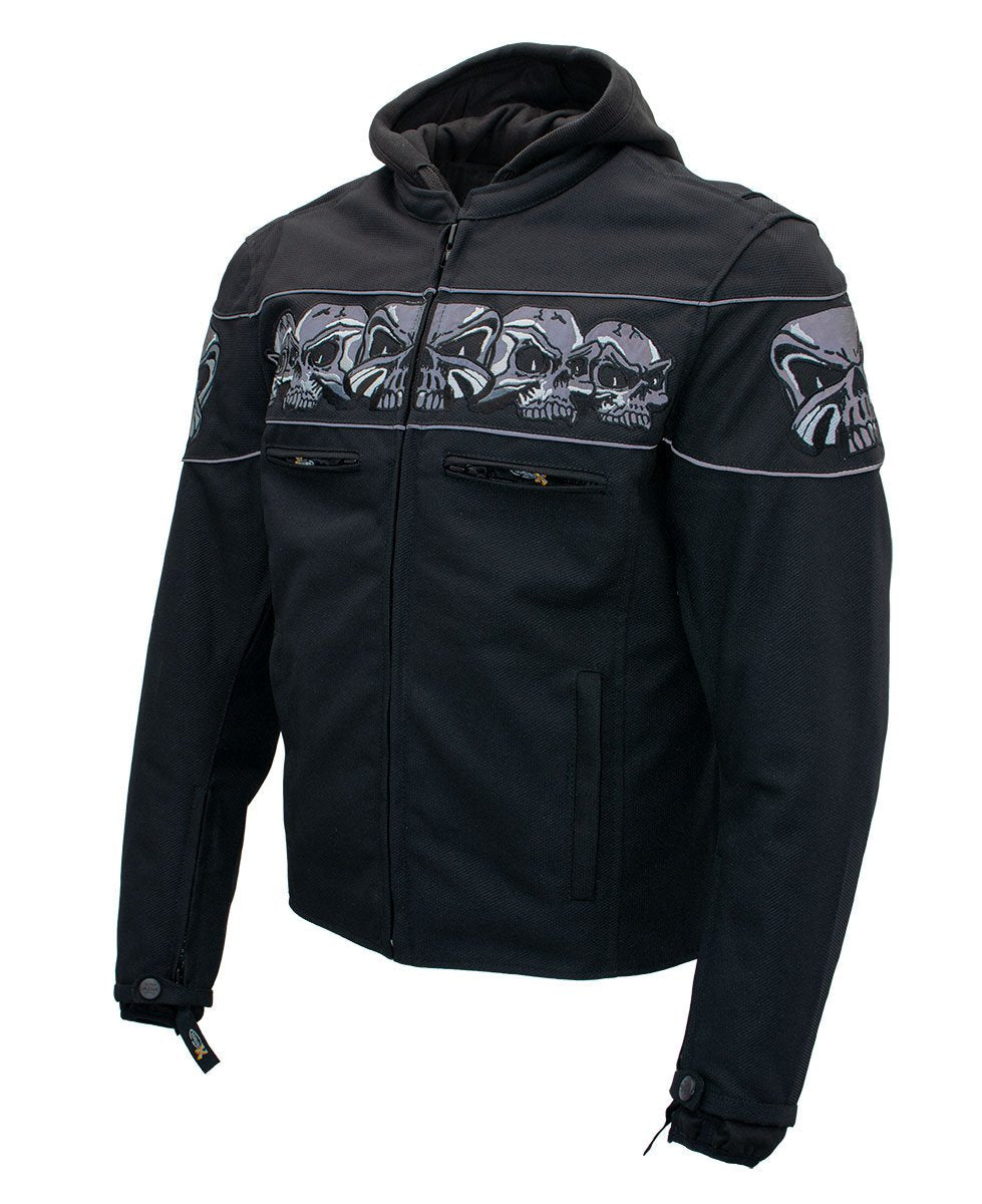 Xelement XS1704 Men’s 'Vengeance' Black Armored Textile Motorcycle Jacket with Skull Embroidery