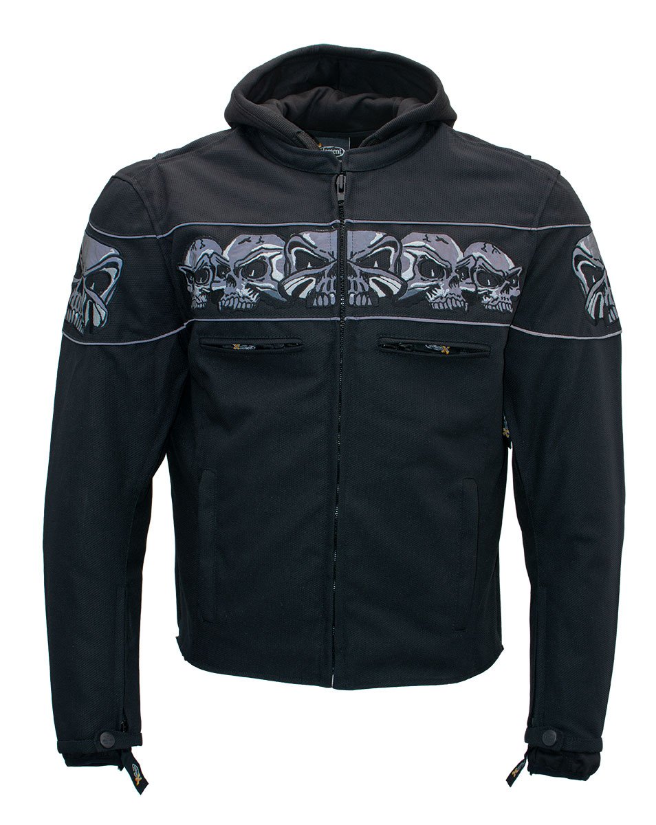 Xelement XS1704 Men’s 'Vengeance' Black Armored Textile Motorcycle Jacket with Skull Embroidery