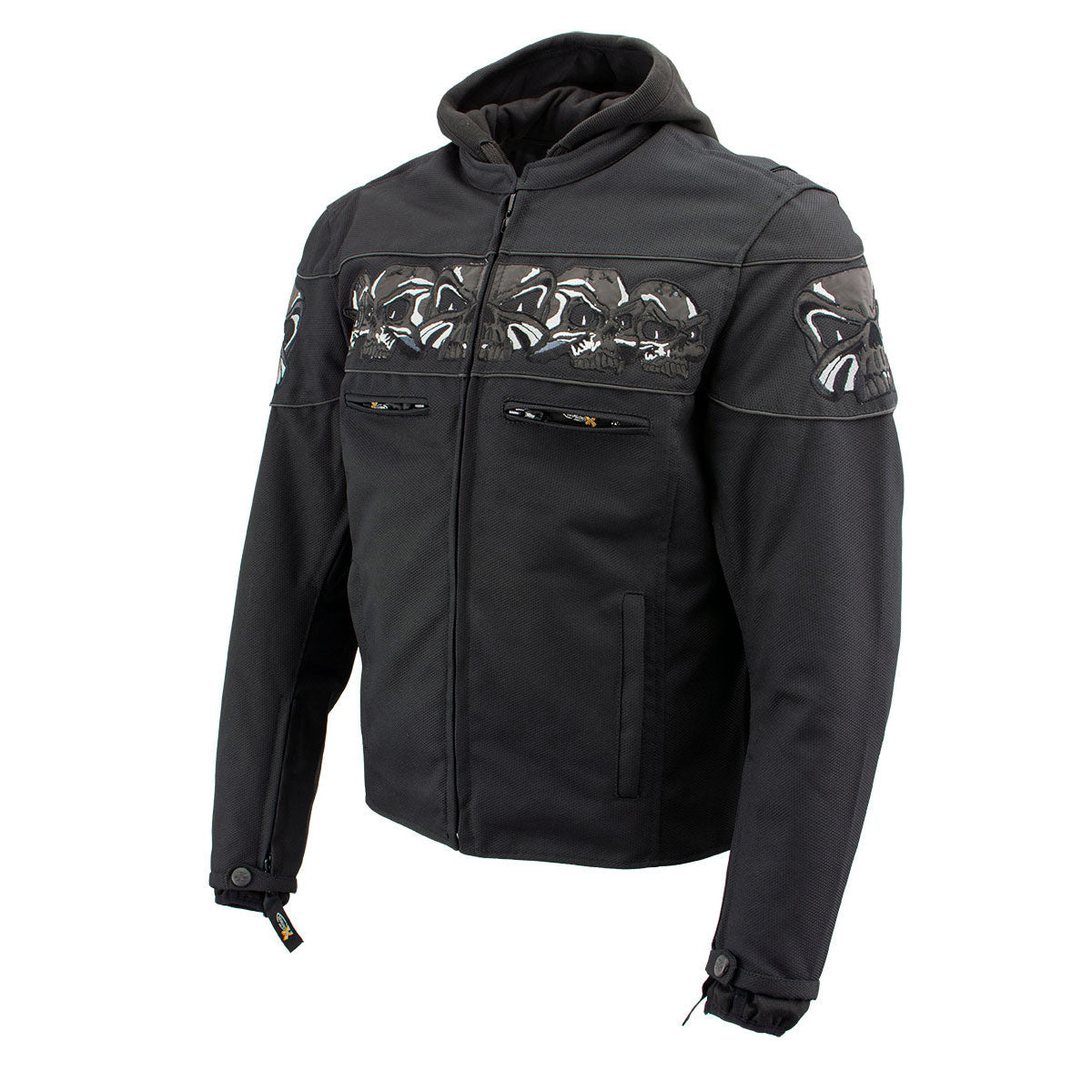 Xelement XS1704 Men’s 'Vengeance' Black Armored Textile Motorcycle Jacket with Skull Embroidery