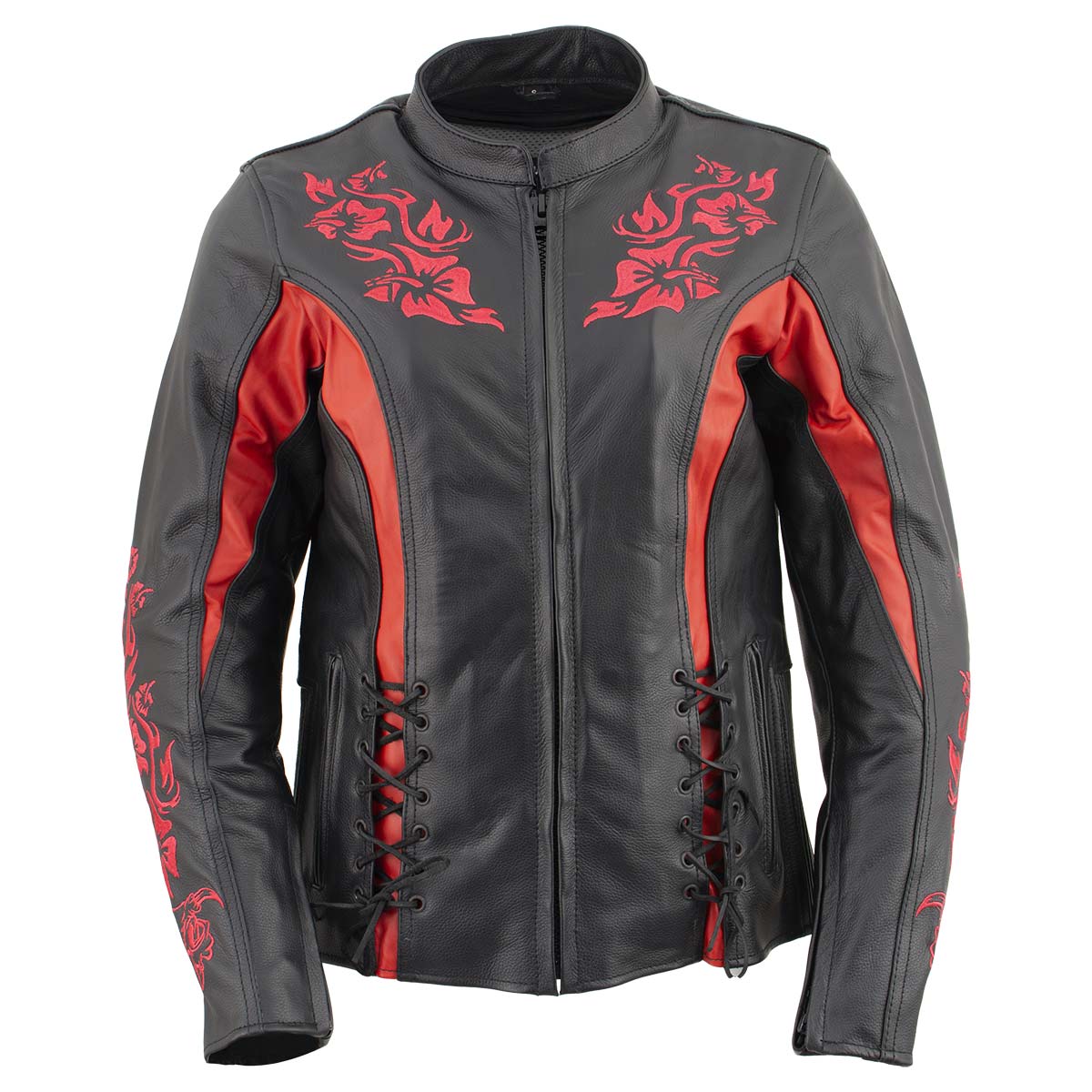 Xelement XS2029 Women's 'Gemma' Biker Black with Red Leather Embroidered Jacket with X-Armor