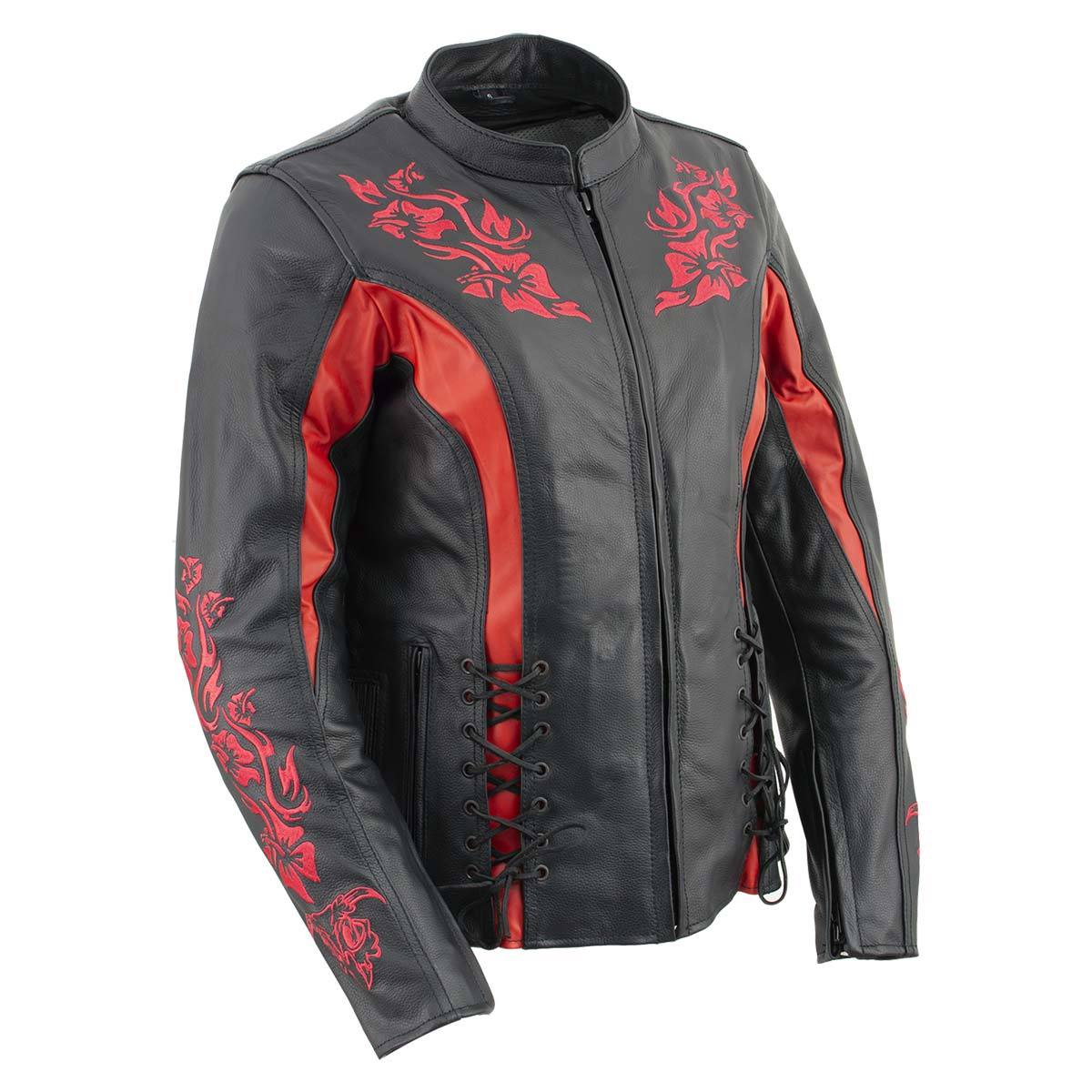 Xelement XS2029 Women's 'Gemma' Biker Black with Red Leather Embroidered Jacket with X-Armor