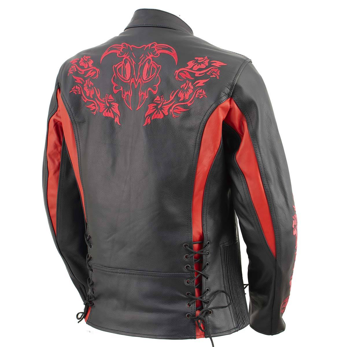 Xelement XS2029 Women's 'Gemma' Biker Black with Red Leather Embroidered Jacket with X-Armor