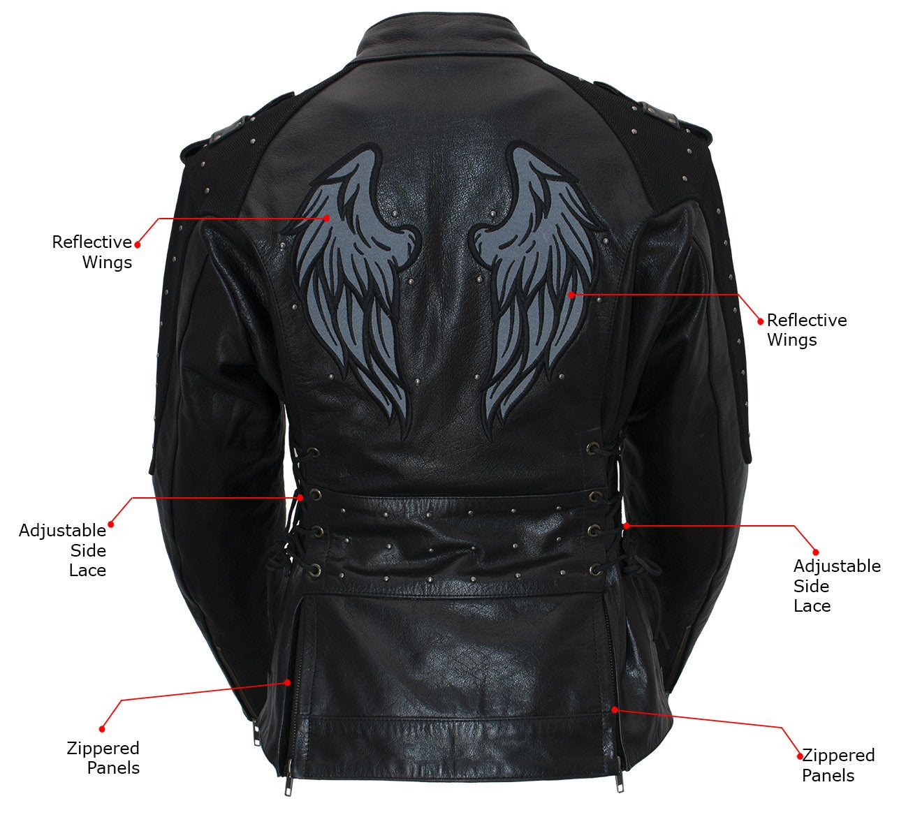 Xelement XS22001 Women's 'Scuba' Black Leather Motorcycle Biker Jacket with Reflective Wings and Studs