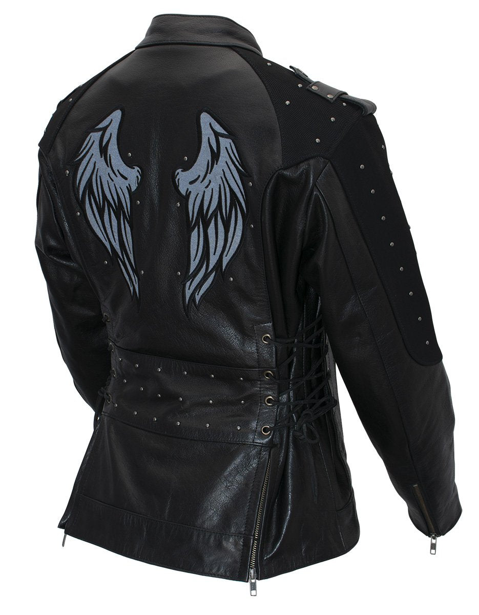 Xelement XS22001 Women's 'Scuba' Black Leather Motorcycle Biker Jacket with Reflective Wings and Studs