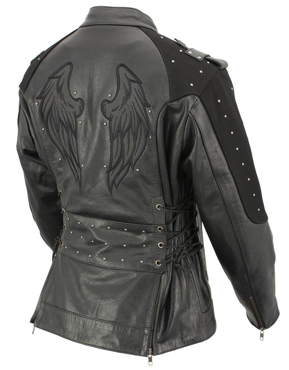 Xelement XS22001 Women's 'Scuba' Black Leather Motorcycle Biker Jacket with Reflective Wings and Studs