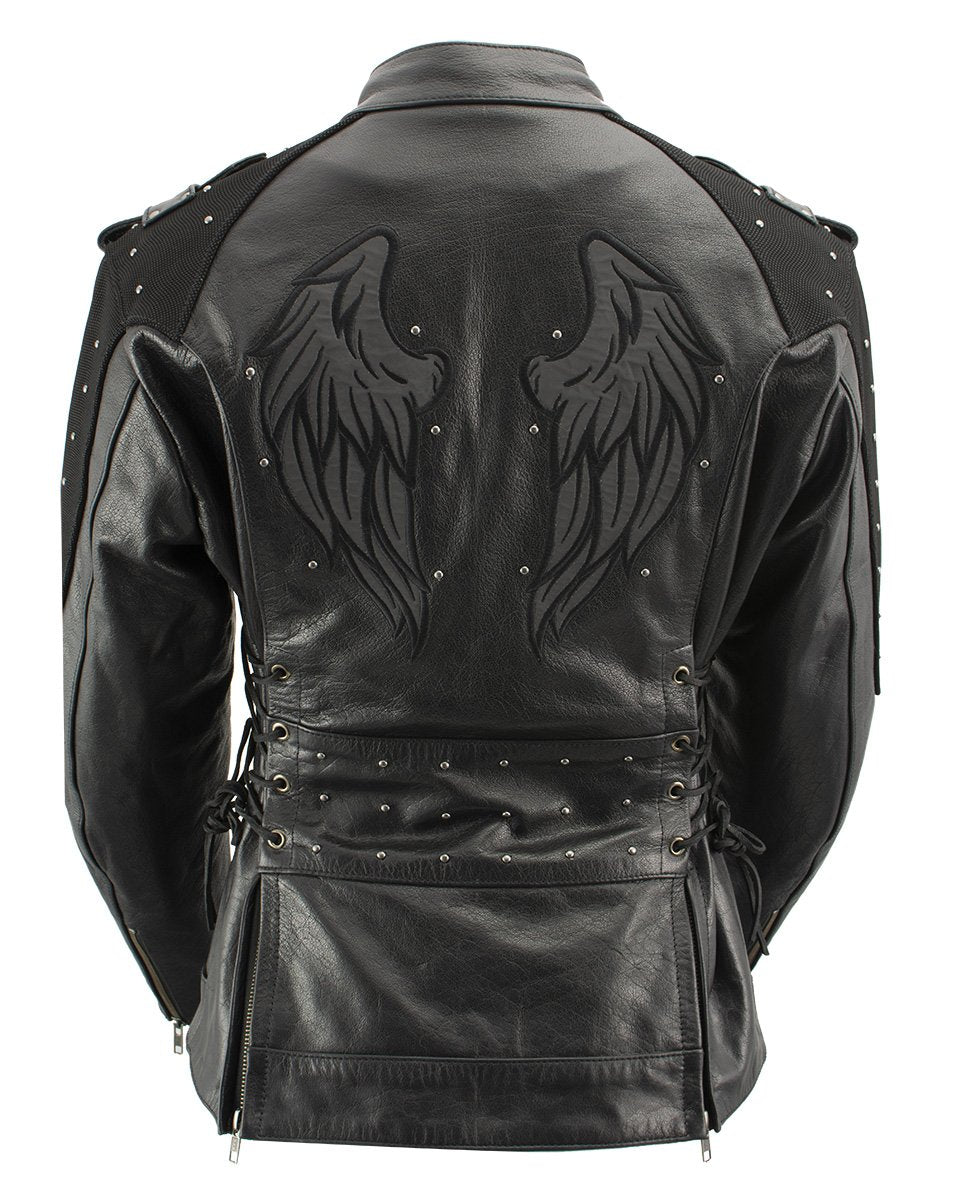 Xelement XS22001 Women's 'Scuba' Black Leather Motorcycle Biker Jacket with Reflective Wings and Studs