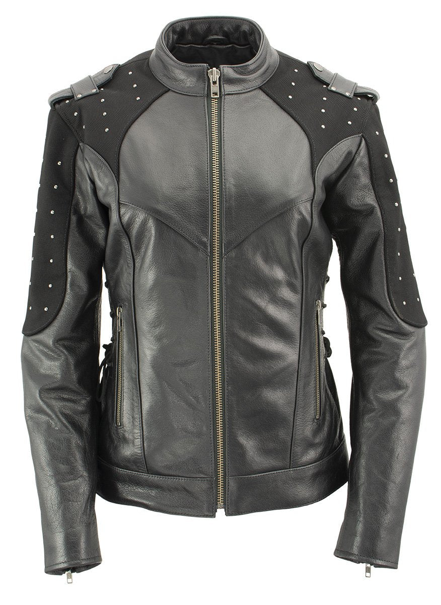 Xelement XS22001 Women's 'Scuba' Black Leather Motorcycle Biker Jacket with Reflective Wings and Studs