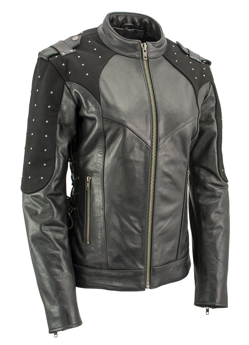 Xelement XS22001 Women's 'Scuba' Black Leather Motorcycle Biker Jacket with Reflective Wings and Studs