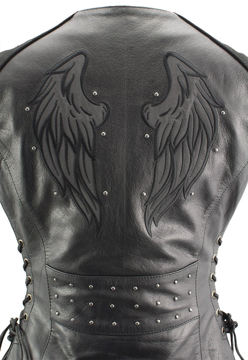 Xelement XS24001 Women's ‘Winged’ Black Studded Motorcycle Rider Leather Vest with Reflective Wings