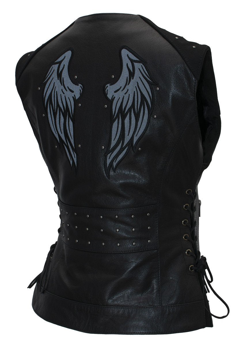 Xelement XS24001 Women's ‘Winged’ Black Studded Motorcycle Rider Leather Vest with Reflective Wings