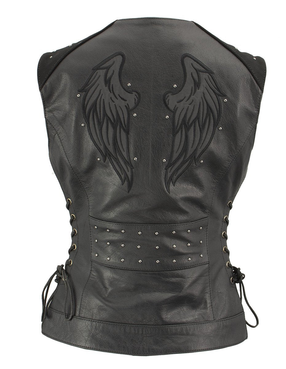 Xelement XS24001 Women's ‘Winged’ Black Studded Motorcycle Rider Leather Vest with Reflective Wings