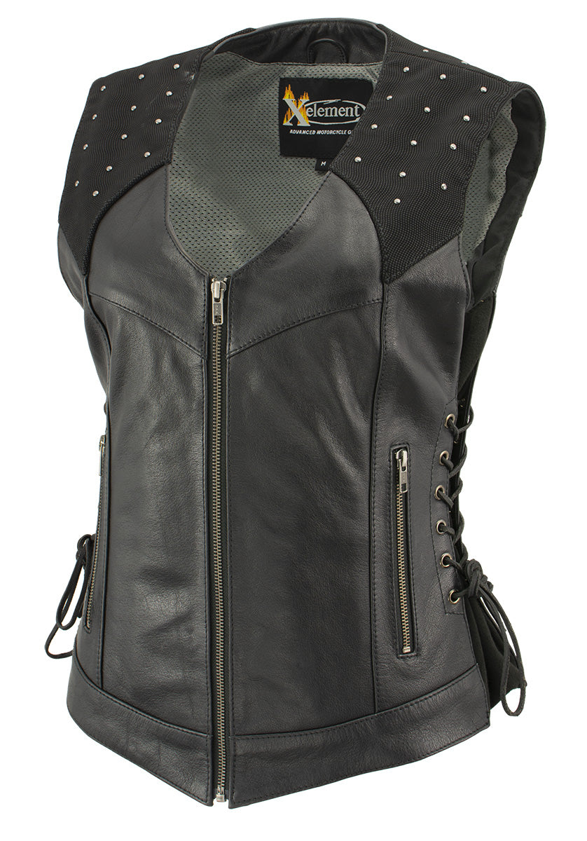 Xelement XS24001 Women's ‘Winged’ Black Studded Motorcycle Rider Leather Vest with Reflective Wings