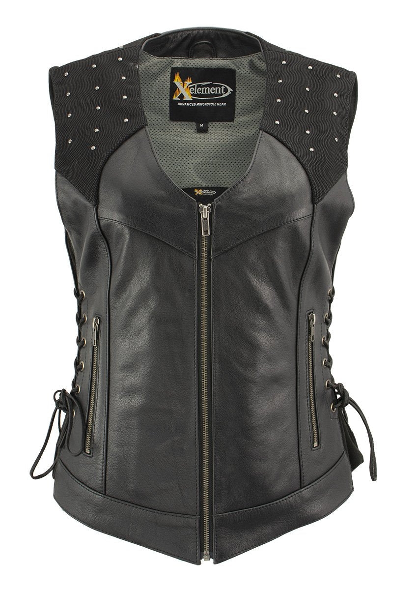 Xelement XS24001 Women's ‘Winged’ Black Studded Motorcycle Rider Leather Vest with Reflective Wings