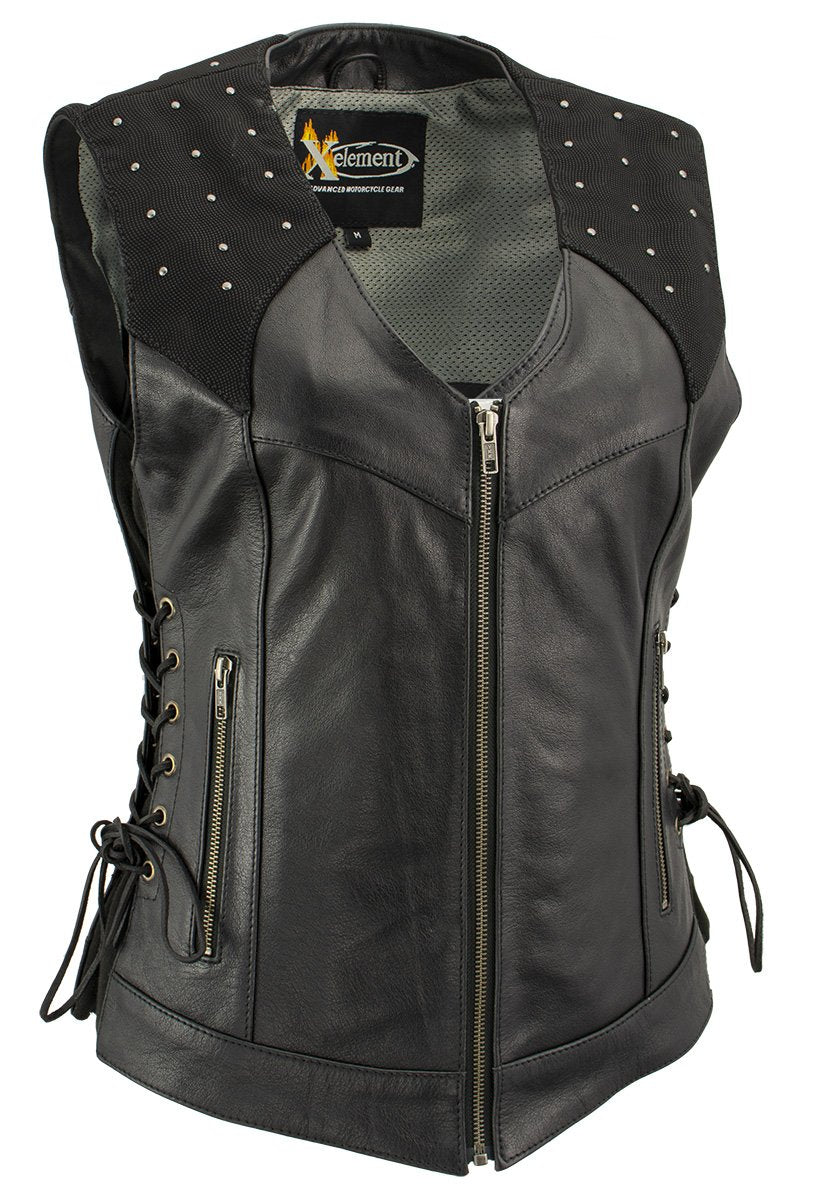 Xelement XS24001 Women's ‘Winged’ Black Studded Motorcycle Rider Leather Vest with Reflective Wings