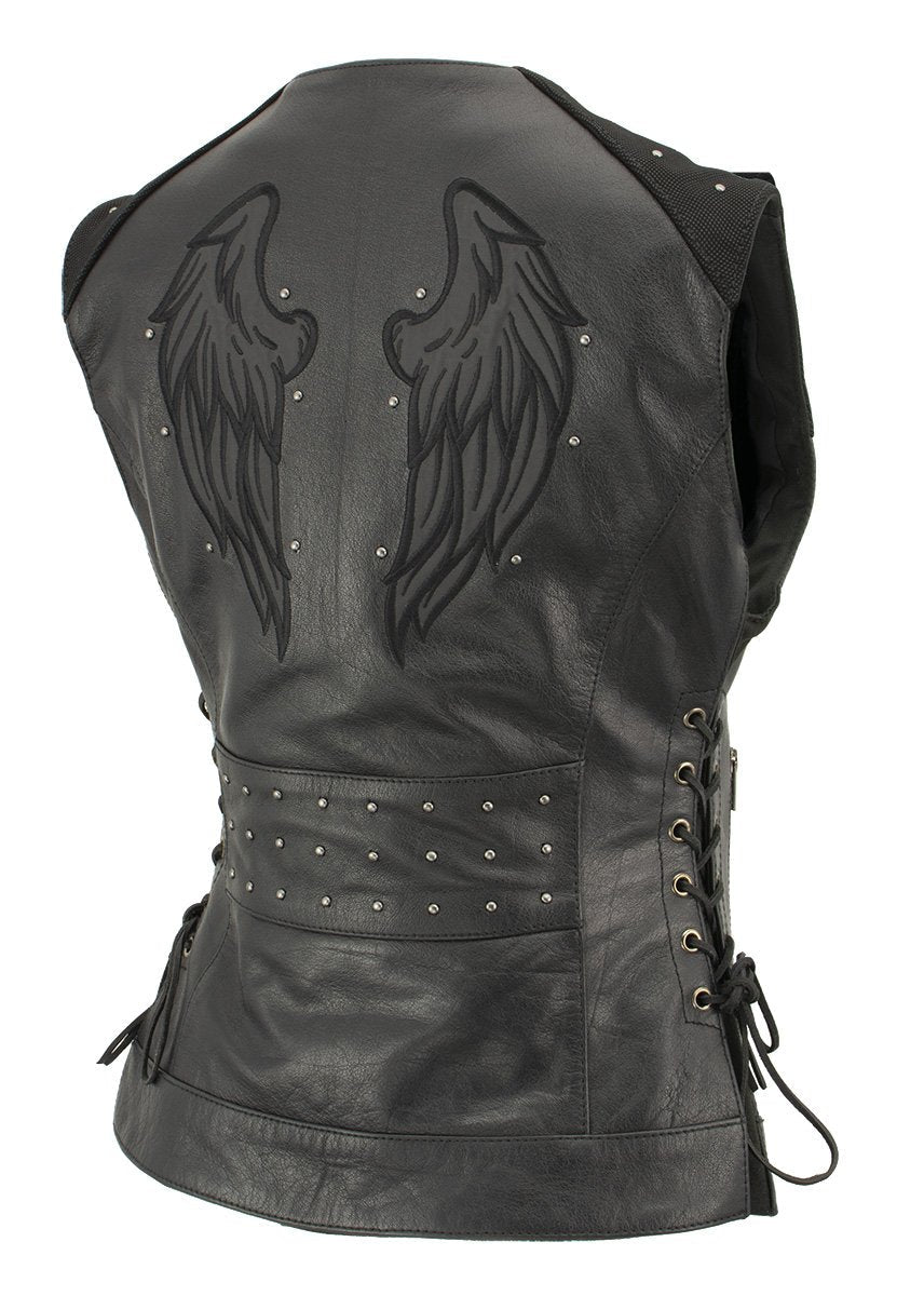 Xelement XS24001 Women's ‘Winged’ Black Studded Motorcycle Rider Leather Vest with Reflective Wings