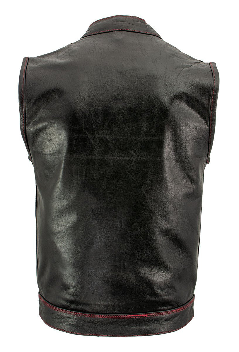 Xelement XS3449 Men's 'Paisley' Black Leather Motorcycle Biker Rider Vest with Red Stitching