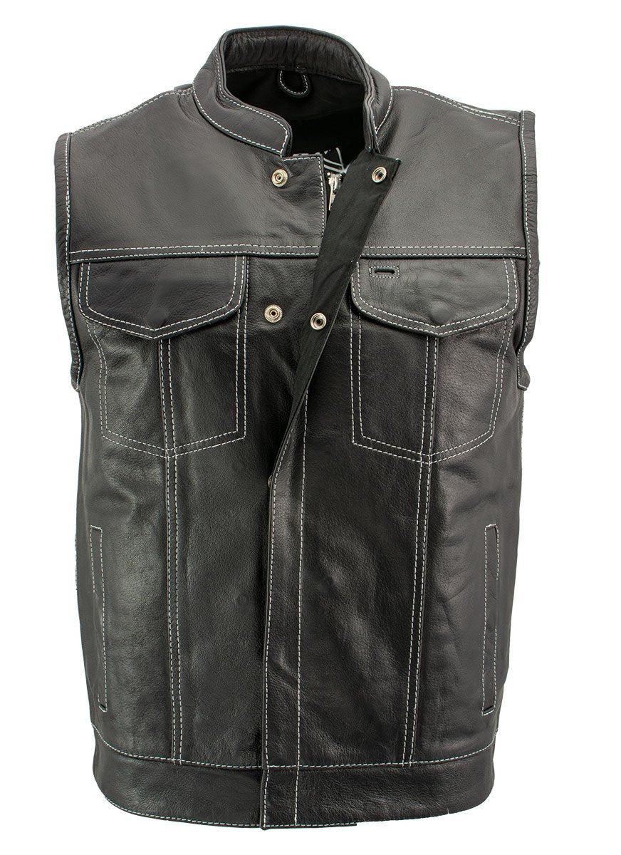 Xelement XS3450 Men's Black 'Paisley' Leather Motorcycle Biker Rider Vest with White Stitching