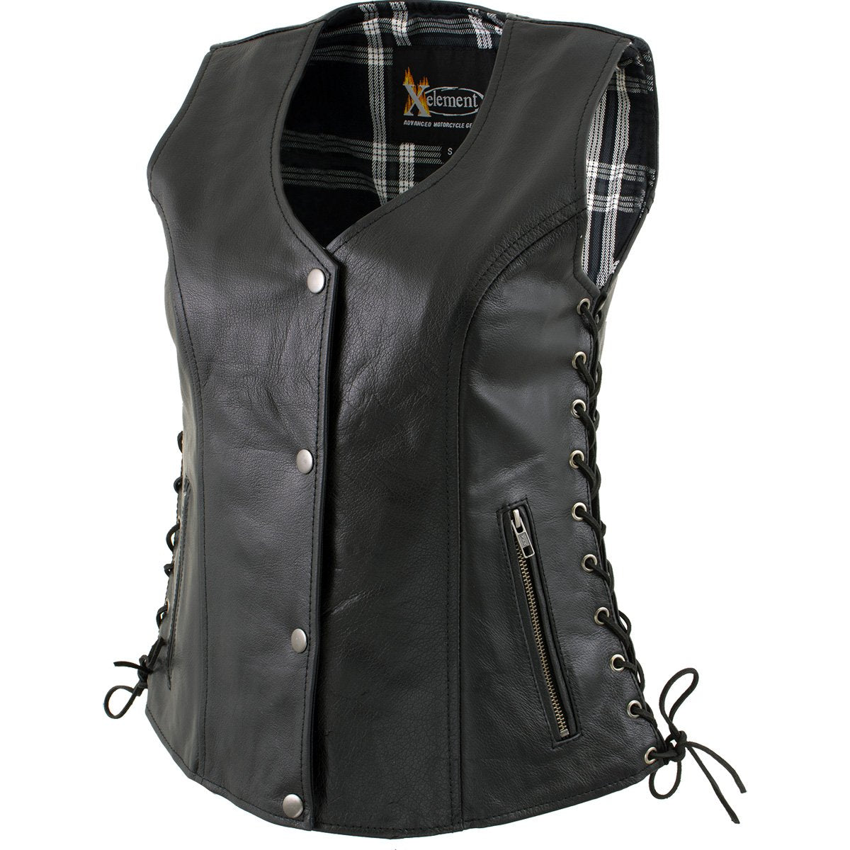 Xelement XS4505 Women's Black ‘Flannel’ Motorcycle Biker Rider Leather Vest with Snap Button Closure