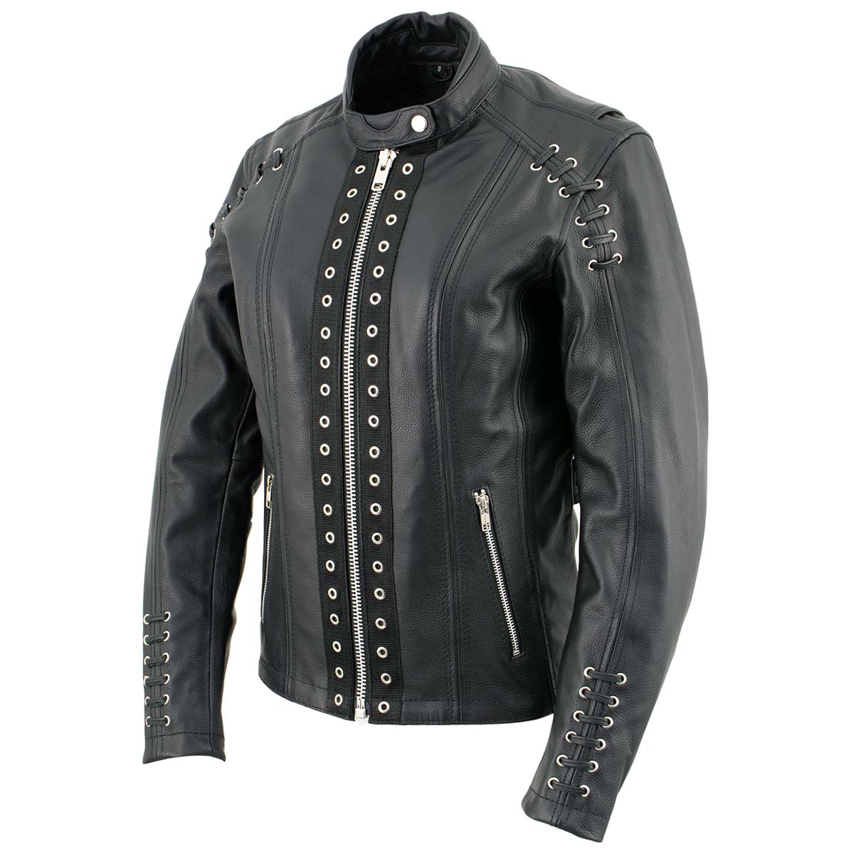 Xelement XS631 Women's 'Raven' Black Premium Cowhide Motorcycle Rider Leather Jacket with Zip-Out Liner