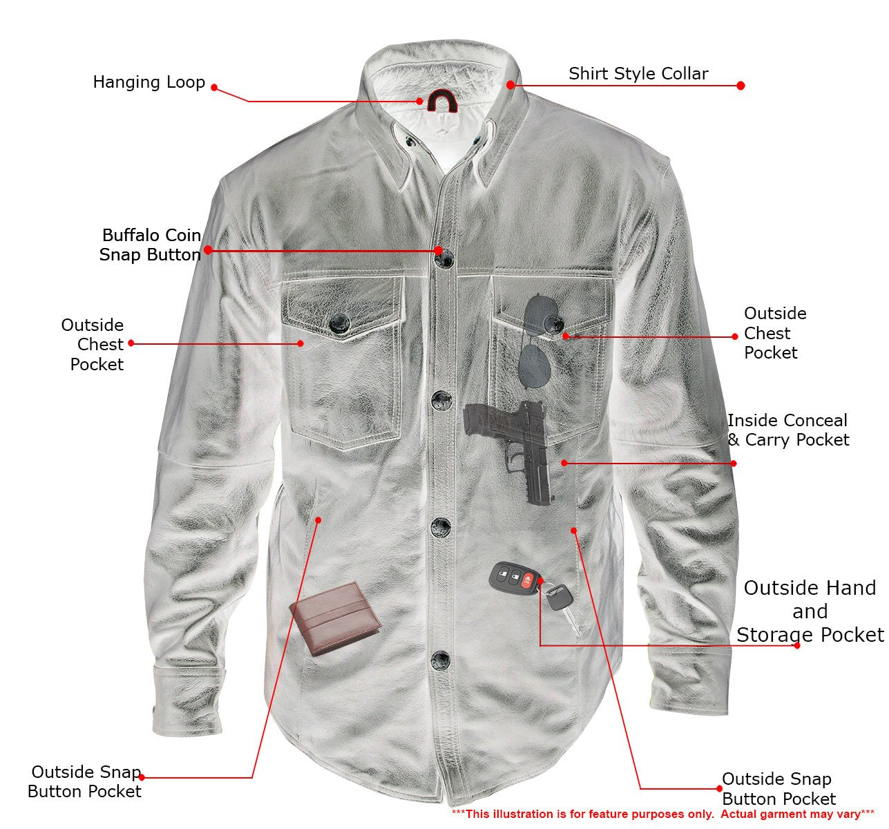 Xelement XS921G Men's 'Nickel' Distress Gray Casual Biker Rider Leather Shirt with Vintage Buffalo Buttons