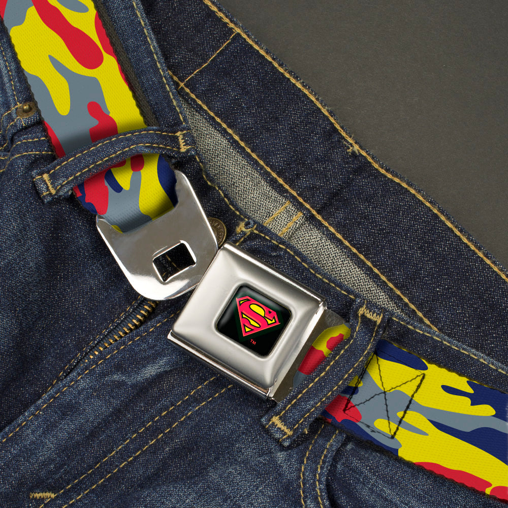 Superman Shadow Shield Full Color Black/Red/Yellow Seatbelt Belt - Superman Camo Yellow/Red/Blue/Gray Webbing