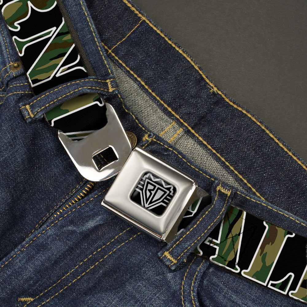 BD Wings Logo CLOSE-UP Full Color Black Silver Seatbelt Belt - CALIFORNIA/Bear Silhouette Black/Camo Olive Webbing