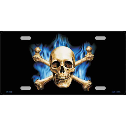 Blue Flame And Crossbones Metal Novelty License Plate